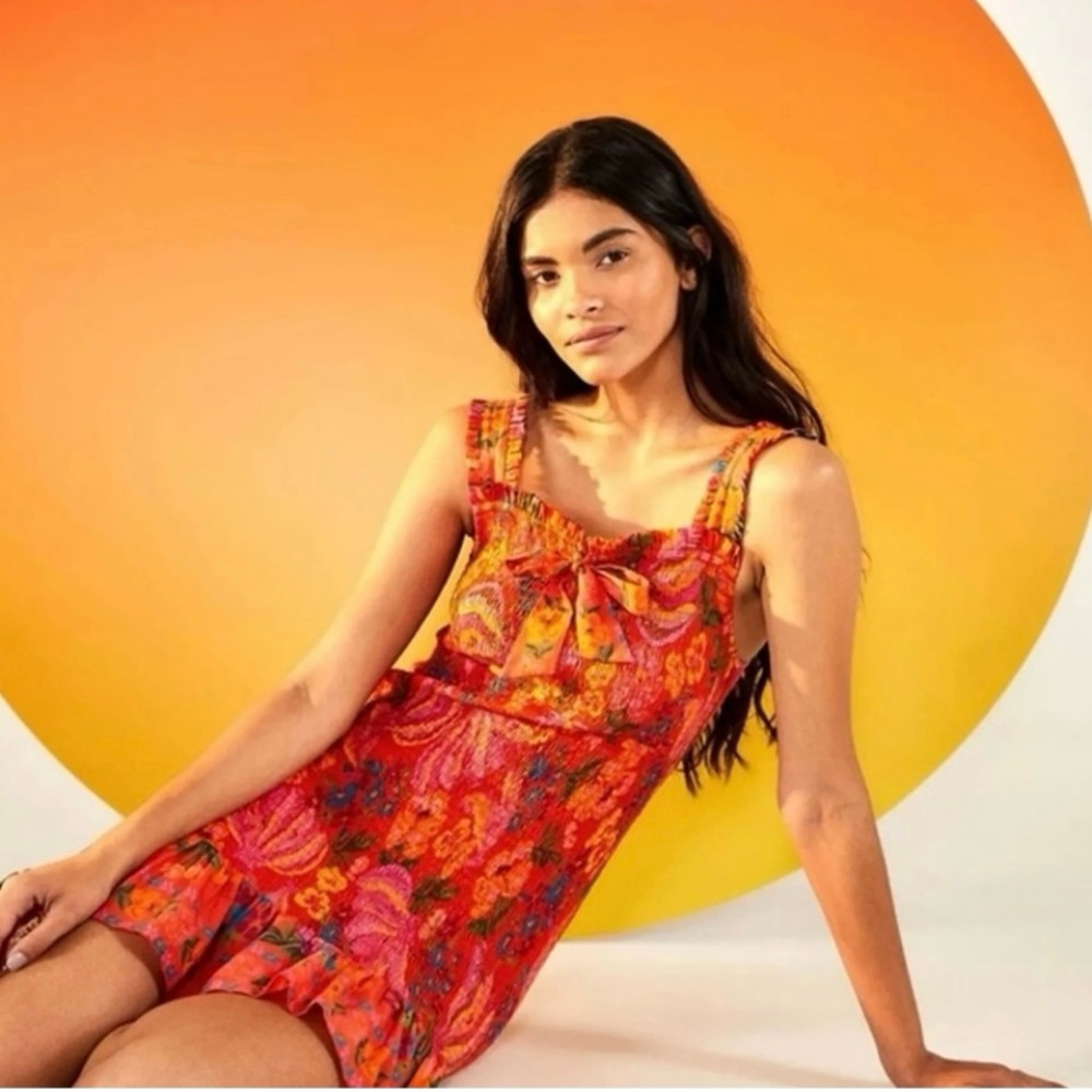 FARM Rio Orange Pink Floral Ruffle Mini Dress - Picture 2 of 4